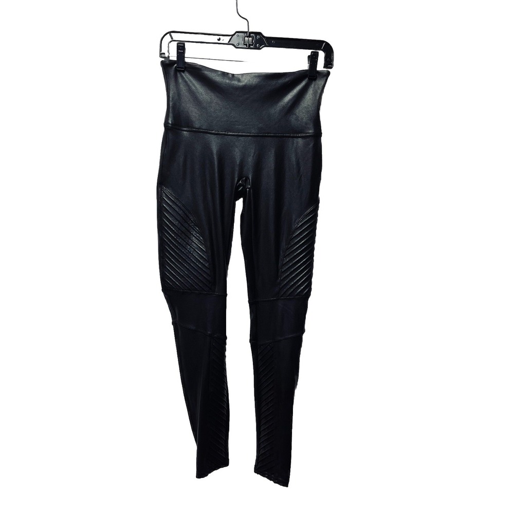 Spanx L Black Moto Faux Leather Leggings Biker Shiny Sexy Stretch Slimming Goth